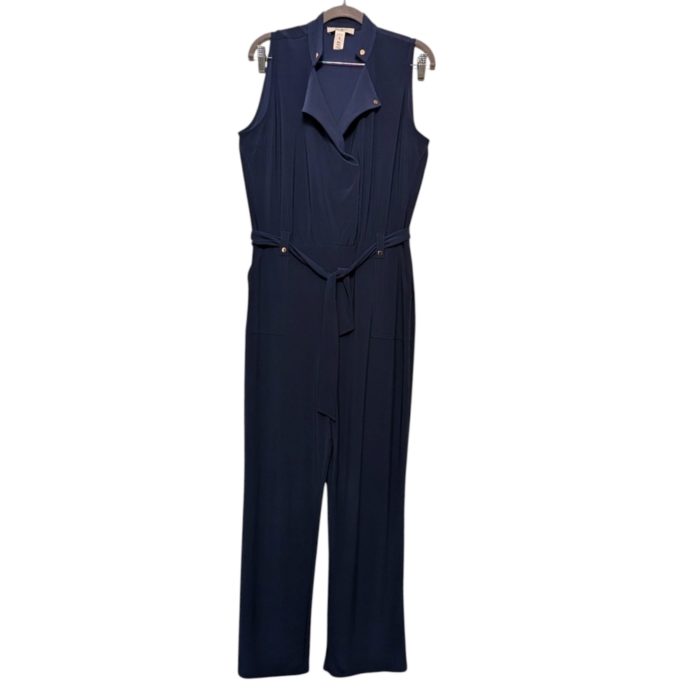 WHBM White House Black Market Belted Sleeveless Jumpsuit | M | Navy Stretch Knit